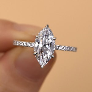 Marquise cut moissanite engagement ring set, 14K solid gold moissanite bridal ring set, Marquise solitaire anniversary gift, Halo ring.