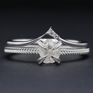 Natürliche Rohdiamant Ring Set, Ehering Set aus 14K Weißgold, Rohdiamant 0,97 Ct 5,39 MM Verlobungsring Curv