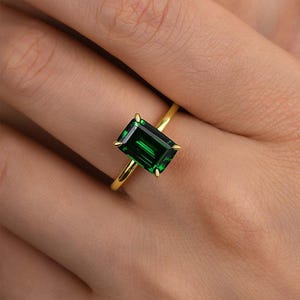 Emerald Cut Green Emerald Engagement Ring 14k Solid Yellow Gold Ring Solitaire Green Gemstone Ring Anniversary Gift Silver Minimalist Ring.