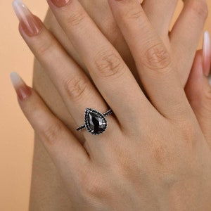 Black onyx pear shape Engagement ring set 14k solid gold Pear black onyx Anniversary ring set Pear cut halo ring Promise ring Christmas gift