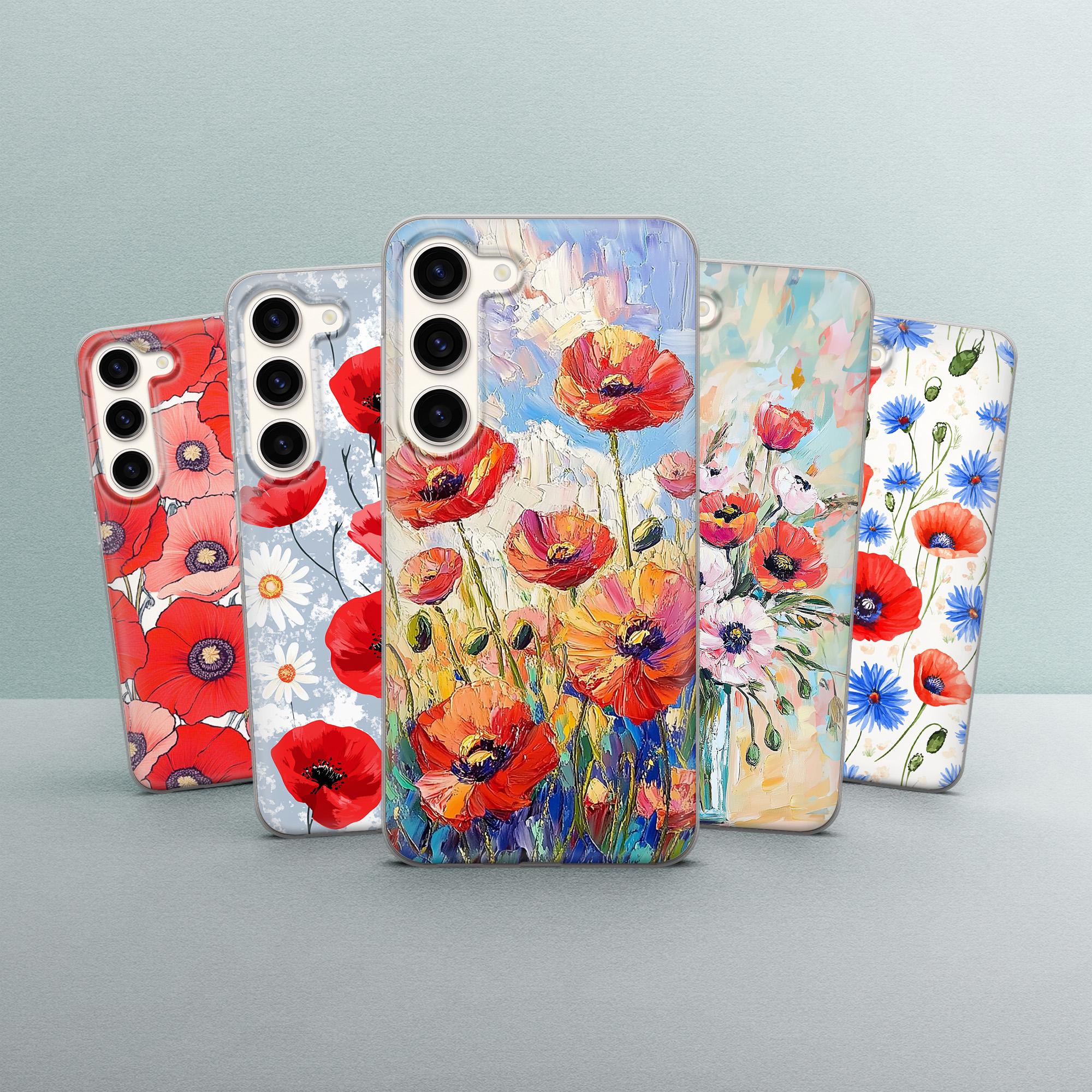 Cute Flowers Phone Case Red Poppies Cover for Samsung Galaxy S25Edge, S24, S23, A15, A14, A54, A53, iPhone16, 15, 14, 13, Google Pixel 8A
