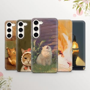 Könnte beinhalten: Fünf Smartphone-Hüllen mit Katzenillustrationen. Die Designs zeigen eine Katze mit Hut, eine gähnende Katze und Nahaufnahmen von Katzenköpfen. Die Hüllen haben ein glänzendes Finish. Die Hüllen sind für ein Smartphone konzipiert.