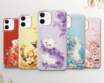 Kitty in flowers Phone Case Sakura Cover for iPhone 15Pro, 14, 13, 12, 11, Samsung S24Ultra, S23, S22, A54, A53, A15, A14 Pixel 8a, 7a, 6