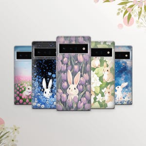 Fluffy Bunny Phone Case Rabbit in Flowers Cover for Google Pixel 9 Pro XL, 8A, 7Pro, 7A, 6A, Samsung S25, S24, S23, A15 Iphone 16, 15, 14.