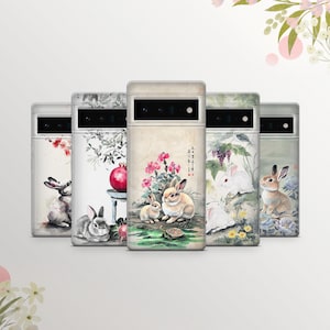 Fluffy Bunny Phone Case Rabbit in Flowers Cover for Google Pixel 9 Pro XL, 8A, 7Pro, 7A, 6A, Samsung S25, S24, S23, A15 Iphone 16, 15, 14.