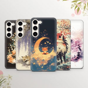 Custodia per telefono con motivo dipinto sulla luna, con volpe carina, per Samsung Galaxy S25Ultra, S24, S23, A16, A36, A56, A55, iPhone 15,14,13,12,11 Pixel 9, 9 Pro, 8a