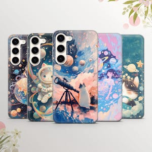 May include: Five different phone cases with a space theme. Each case features a different design with planets, stars, and a cat or a person. The cases are all clear and have a glossy finish.