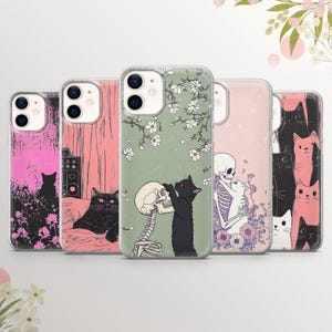 Gothic Cat Death Skull  Phone Case Emo Cover for iPhone 17Pro, 15Pro, 14, 13,12Samsung A16,S25,S24fe, S24, S23, A16 Pixel 10,  Pixel 8 Pro