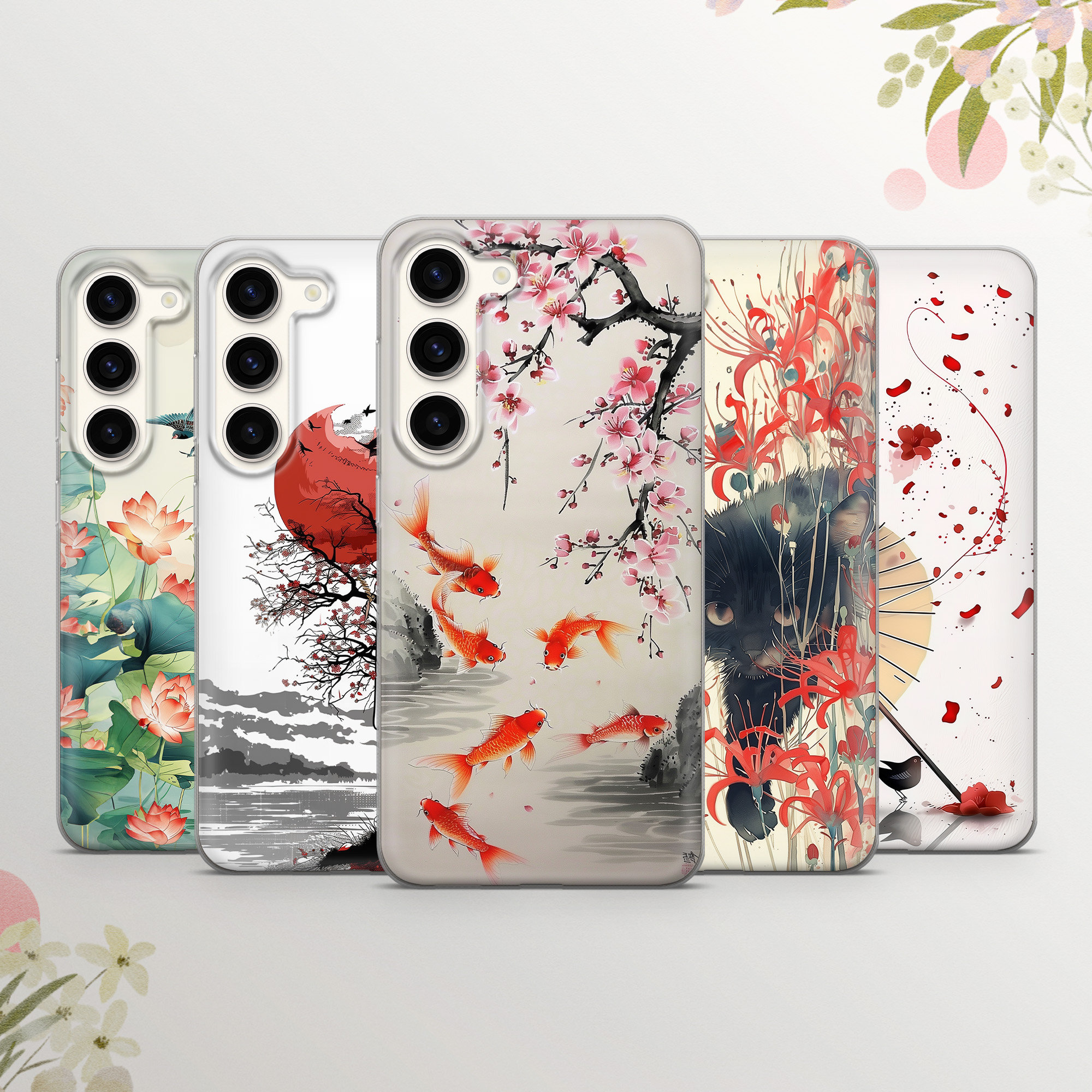 Geisha Phone Case Sakura Cover for Samsung Galaxy S25Ultra, S24, S23, A16, A36, A56, A55, iPhone 16, 15, 14, 13, 12.Google Pixel 9 Pro, 7a 7
