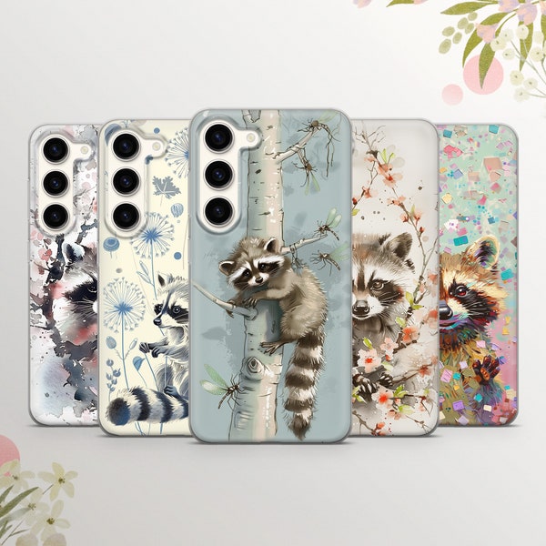 Raccoon Phone Case Flowers Cover for Samsung Galaxy S24Ultra, S23, S22, A15, A14, A54, A53, iPhone 15, 14, 13, Google Pixel 8A