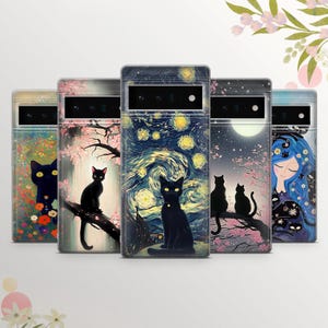 Sakura Handy Hülle schwarze Katze auf einem Baum Abdeckung für Google Pixel 9 Pro XL, 8A, 7Pro, 7A, 6A, Samsung S25, S24, S23, A15 Iphone 16, 15, 14,13