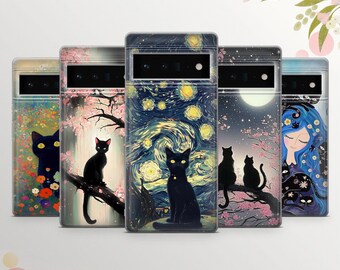 Sakura Black Cat Phone Case: Floral Tree Cover
