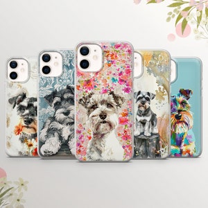 Schnauzer Handy Hülle Hund in Blumen Cover für iPhone 16,15Pro, 14,13, 12,11,Samsung S25Ultra, S24, S23, A54, A53, A16, A14 Pixel 9a, 8a, 6