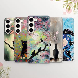 May include: Set of five phone cases featuring colourful abstract designs with black cats and floral accents. The cases have a clear, protective layer and are compatible with most smartphones.