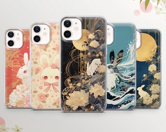Cute Rabbit Phone Case Pink Flowers Cover for iPhone 15Pro, 14, 13, 12, 11, Samsung S25Ultra, S24, S23, A55, A54, A16, A35 Pixel 10, 8a