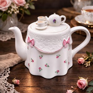 Könnte beinhalten: Eine weiße Keramik-Teekanne mit floralem Design und einer Miniatur-Teekanne und Tassen auf dem Deckel. Die Teekanne hat rosa Schleifen und Rosenakzente. Die Teekanne steht auf einer Holzoberfläche.