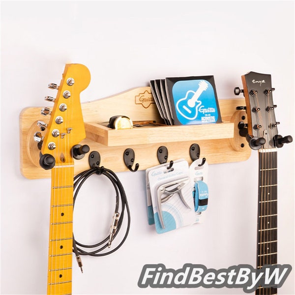 Multi-functional Wooden Guitar Hook, Solid Wood Guitar Wall Mount Rack with Shelf and Hooks, Wooden Storage Wall Hanger, Guitar Wall Hanger