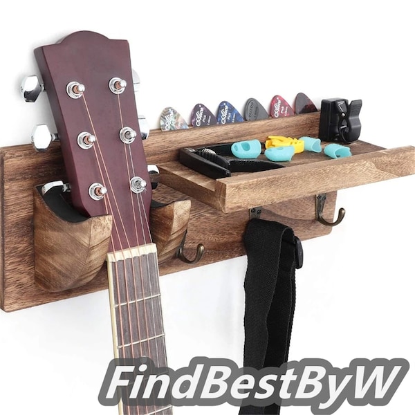Solid Wood Guitar Wall Mount Rack with Shelf and Hooks, Multi-functional Wooden Guitar Hook, Wooden Storage Wall Hanger, Guitar Wall Hanger