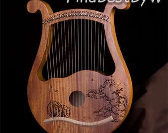 19 String Moon Lyre Harp, Wood String Instrument, Beginners Harp, 19 String Veneer Harp, Solid Wood Veneer Harp, Portable Musical Instrument