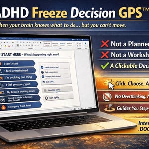 May include: A laptop displays a document titled "ADHD Freeze Decision GPS." The screen shows a decision-making tool with options like "I can't start" and "I feel overwhelmed." The image also highlights features such as a clickable tool and step-by-step guidance.
