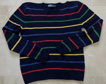 VTG Polo Ralph Lauren - Pull bleu foncé à rayures colorées