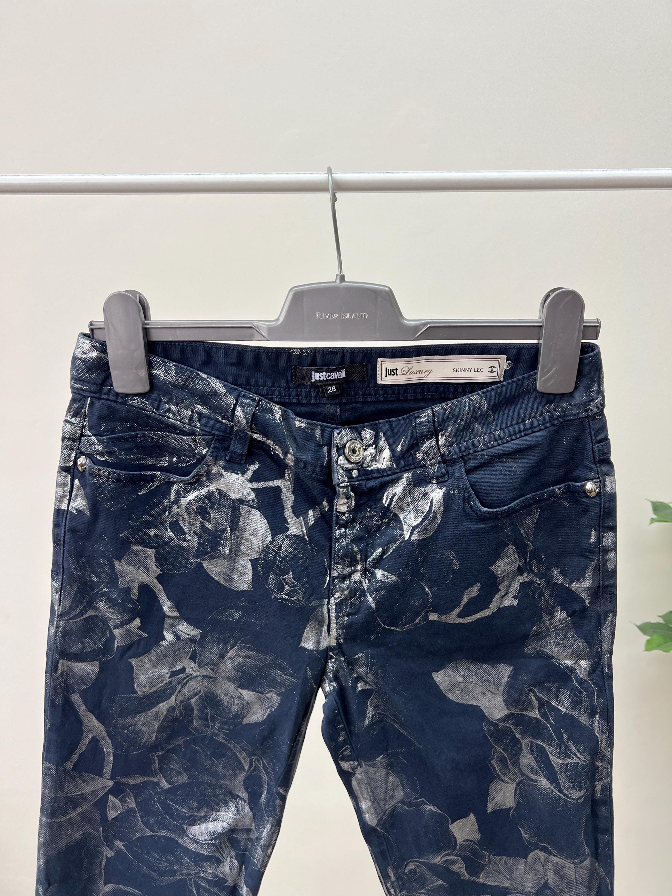 Vintage Just Cavalli Skinny Fit Women's Pants Dark Blue Floral