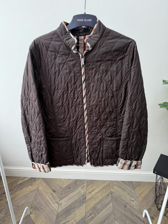Daks, Vintage DAKS London Quilted Jacket Brown Nova Check Lined Zip Up Coat women’s