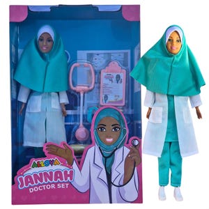 May include: A doctor's playset featuring a doll wearing a green hijab and a white doctor's coat. The doll is holding a stethoscope and a clipboard. The box says "Allova Jannah Doctor Set".