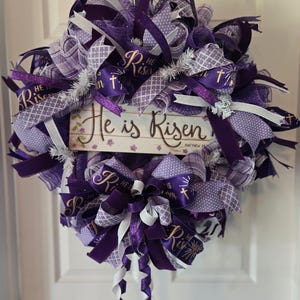 He Is Risen Wreath: Purple Easter Christian Door Decor