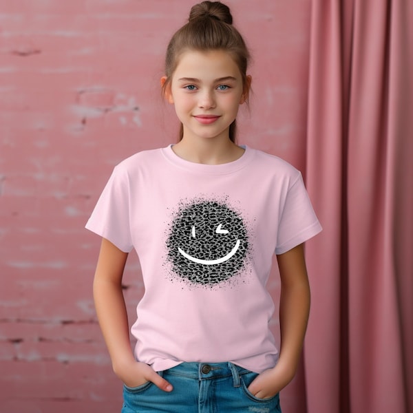 Kinder T-Shirt, Mädchen Shirt, Animalprint T-Shirt Mädchen, Smiley Shirt Kinder, Kindershirt Emoji, Leopardenmuster, Leoprint Shirt Mädchen