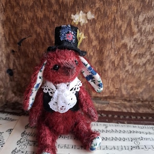 Vino ~ OOAK Artist Teddy Bunny, Kawaii Red Bunny Plush, Retro Toys, Handmade Artist Bunny, Vintage Decor, Blythe Teddy, Christmas Gift