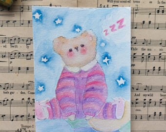 Ours au coucher ~ Carte postale aquarelle peinte à la main, aquarelle ours kawaii, illustration pour enfants, carte postale de correspondant, carte postale ours, fait main