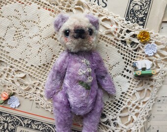 Layla ~ Lavender Artist Teddy Bear, OOAK Teddy Bear, Collector's Toy, Kawaii Bear Plushie, Hand Embroidered Art Doll, Kawaii Teddy