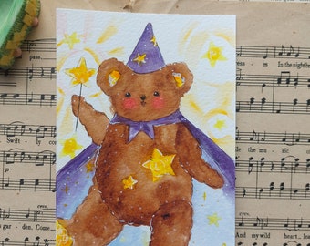 Magician Bear ~ Handpainted Watercolour Postcard, Pen Pal Postcard, Kawaii Bear Watercolor, Handmade Postcard, Kidcore Illustration