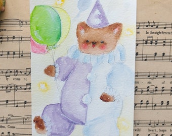 Chat-clown lavande ~ carte postale aquarelle peinte à la main, carte postale chat kawaii, kitsch clown, carte postale aquarelle faite main