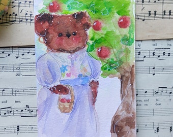 Oso de jardinería ~ Postal de acuarela pintada a mano, arte Cottagecore, acuarela de oso Kawaii, ilustración infantil, postal de amigo por correspondencia