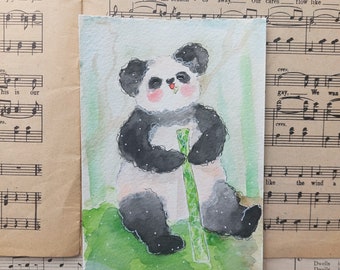 Hongerige Panda ~ aquarel ansichtkaart, schattige pen pal ansichtkaart, Kawaii Panda illustratie, wenskaarten, handbeschilderd aquarel ansichtkaart