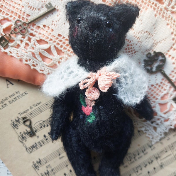 Eve ~ OOAK Black Cat Artist Doll, Embroidered Plushie, Artist Teddy Doll, Kawaii Black Cat Teddy, Handmade Teddy