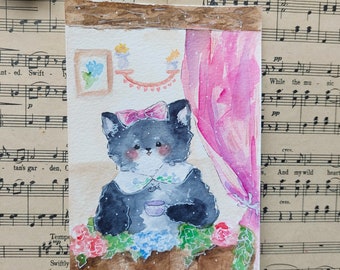 Tea Time Cat ~ Handgeschilderde aquarel ansichtkaart, Coquette Cat illustratie, Kawaii Cat ansichtkaart, handgemaakte ansichtkaart, Cottagecore aquarel