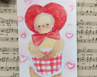 Sweetheart Bear ~ Handpainted Watercolour Bear Postcard, Coquette Postcard, Kawaii Bear Watercolor, Handmade Postcard, Cottagecore