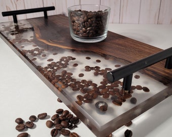 Serving Tray with Live Edge Walnut and Epoxy Resin - Charcuterie Board with Embedded Coffee Beans - Perfect Gift