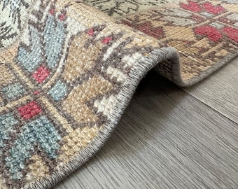 Handmade Oushak Wool Runner Rug: Red, Blue, Beige Vintage Style (2x8 Ft)