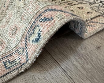4x6 Vintage Oushak Rug: Pink, Beige & Blue Wool, Handmade Turkish Rug