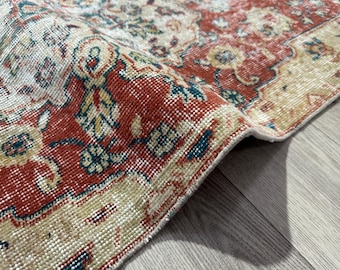 Vintage Turkish Oushak Runner Rug: Red, Blue, Green, Beige Wool (2.9x7.0 Ft)