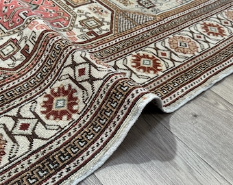 Vintage Turkish Runner Rug: 3.2x6.3 Beige, Pink, and Blue Anatolian Decor