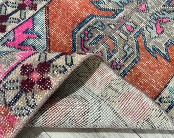 Handgefertigter Türkischer Oushak Wollteppich, Orange Beige Blau, Vintage Wohnkultur (3,7x6,1 Ft)