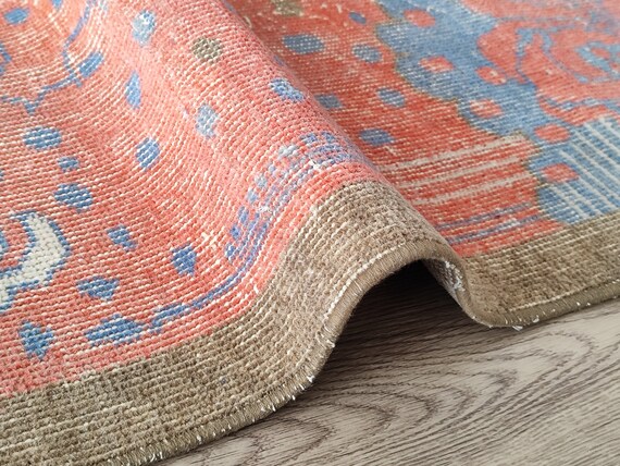 Vintage Oushak Runner Rug: Blue, Red, Green, Beige Wool (3.3x6.6 Ft)