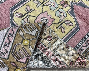 Vintage Oushak Wool Runner Rug: 2.7x6.4 ft, Pink Blue Brown