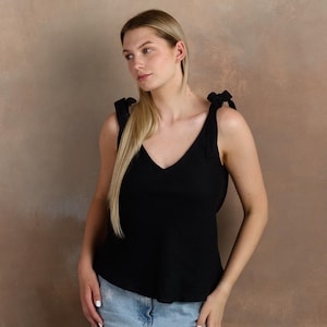 Linen Tank Top in Black by Solen Mara | 100% Linen | Shoulder Tie Ribbons | V-Neck Loose Fit | Sleeveless Summer Linen Top For Women
