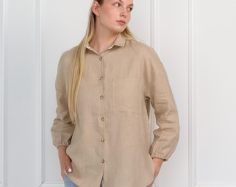 Oversized Beige Linen Shirt: Long Sleeve Button-Up Blouse